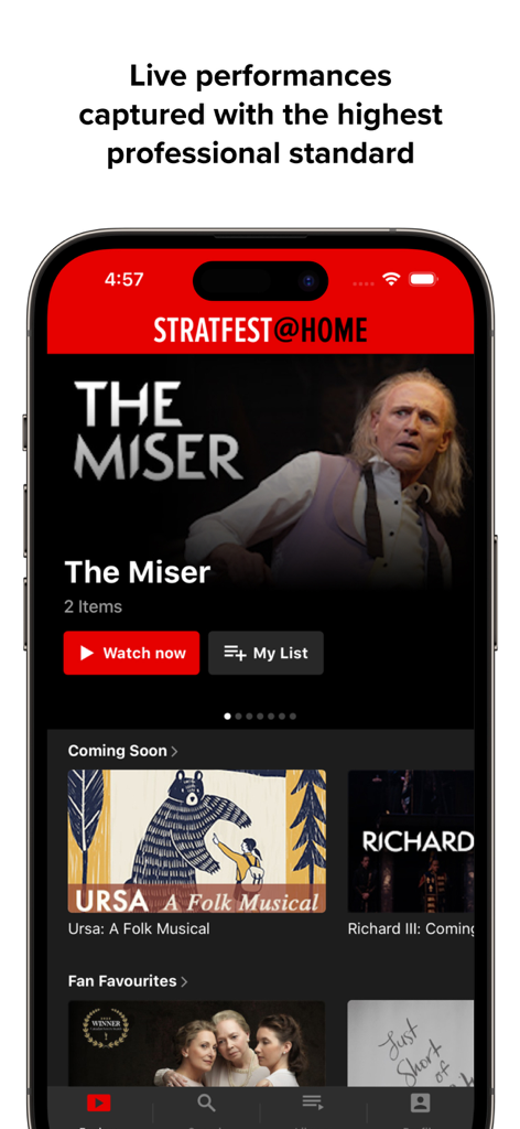 STRATFEST@HOME - Interface de l'application STRATFEST@HOME présentant la pièce Le Malade imaginaire et du contenu théâtral professionnel.