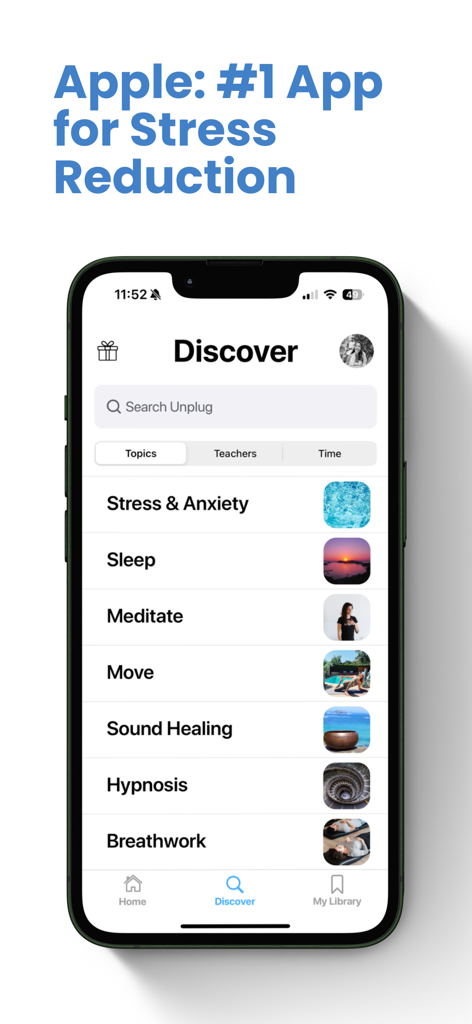 Unplug: Meditation - Discover tab of the Unplug Meditation app showing categories for stress relief and sleep.