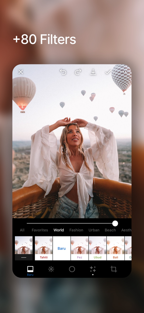 EPISHI: Photo & Video Editor - EPISHI app interface showing a woman in a hot air balloon with a selection of travel inspired photo filters