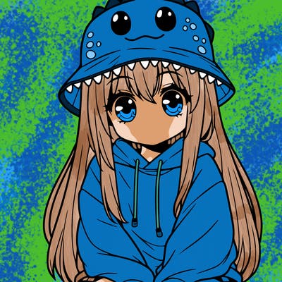 girl with anime shaped eyes with a dinosaur bucket hat oversized sweatshirt long straight hair