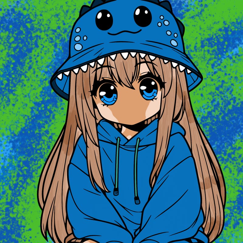 girl with anime shaped eyes with a dinosaur bucket hat oversized sweatshirt long straight hair