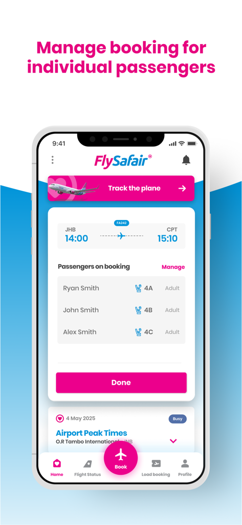 FlySafair - FlySafair mobile app interface showing a list of passengers and their assigned seats for a domestic flight