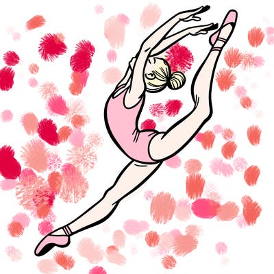 gymnast doing a leap in a leotard with a bent back leg