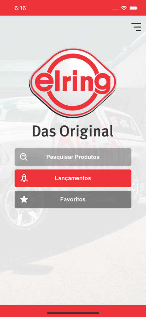 Catálogo Elring - Das Original - Schermata principale dell'app Elring Das Original che mostra il logo e i pulsanti di navigazione principali per la ricerca dei prodotti, le nuove uscite e i preferiti.