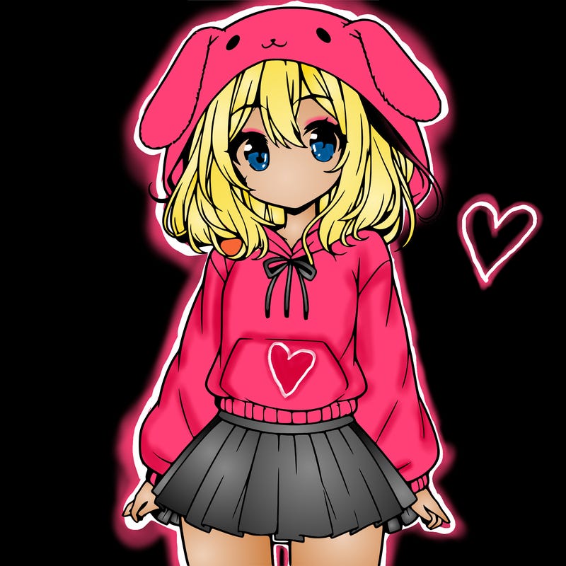 pretty anime girl wearing a fluffy hoodie with bunny ears on the hood and a skirt