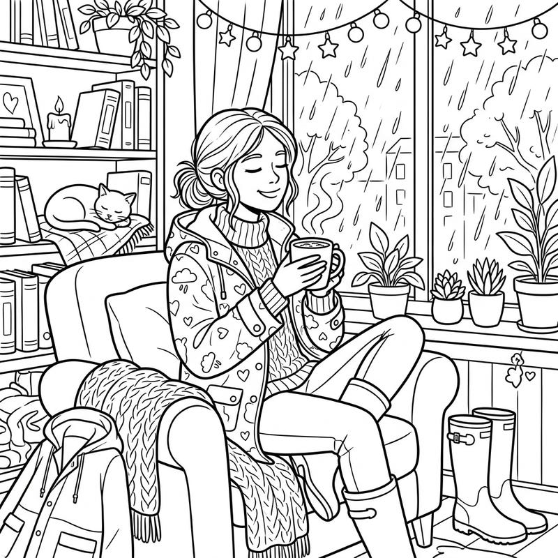 Snuggle up with this charming coloring page, depicting a cozy indoor scene on a rainy day. It's the perfect escape for weekend relaxation, featuring a comfy armchair, a steaming mug, and essential rain gear.