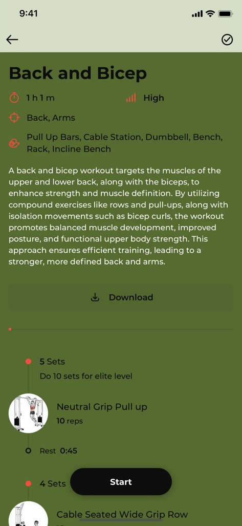 Momentum Fit - Detailed view of a Back and Bicep workout routine in the Momentum Fit app including exercise instructions and equipment requirements