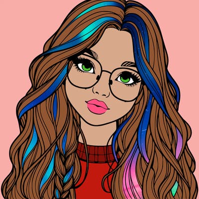 girl with long hair and freckles and glasses realistic