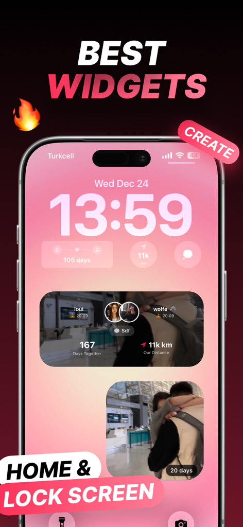 Thumbkiss: Couple Touch - iPhone lock screen displaying relationship widgets from the Thumbkiss app showing days together and distance between partners