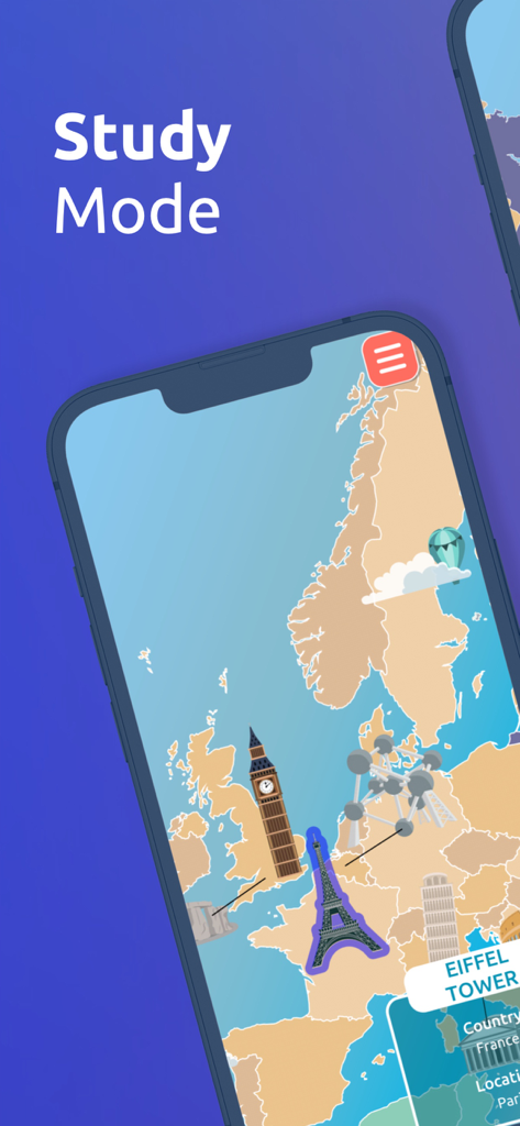 GeoExpert - Learn Geography - La aplicación GeoExpert muestra el Modo de Estudio con un mapa de Europa que presenta la Torre Eiffel y el Big Ben