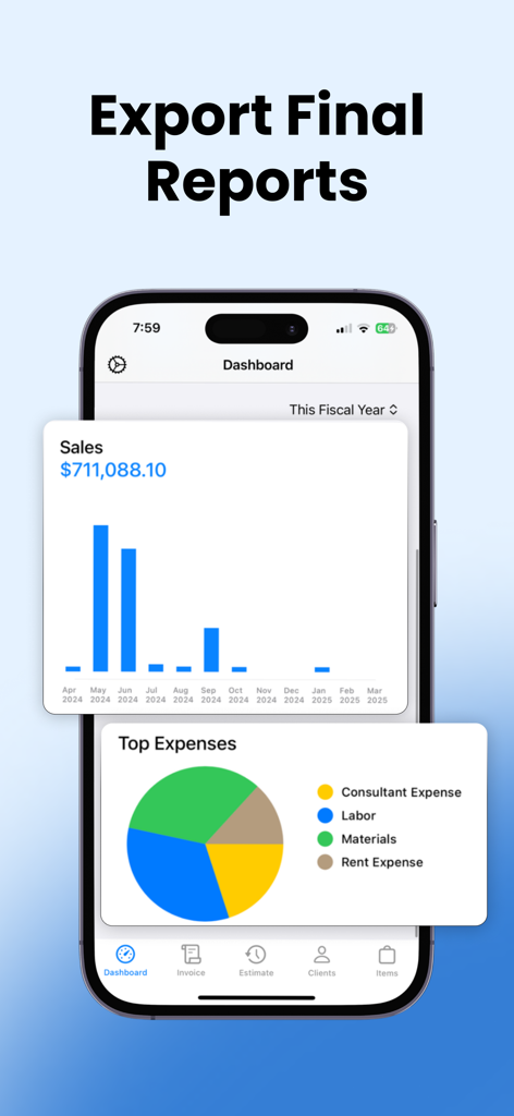 iPhone-Bildschirm, der das Dashboard der Invoice Maker App mit Umsatzbalkendiagrammen und einem Kreisdiagramm der Top-Geschäftsausgaben anzeigt