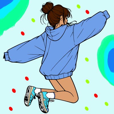 realistic girl jumping with a bun and oversized sweatshirt