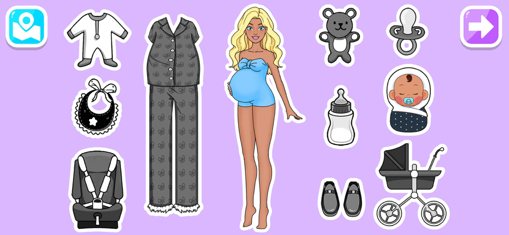 Paper Doll Dress Up DIY Games. - Una muñeca de papel embarazada rodeada de pegatinas de cuidado infantil y ropa de maternidad en una interfaz de juego de vestir DIY