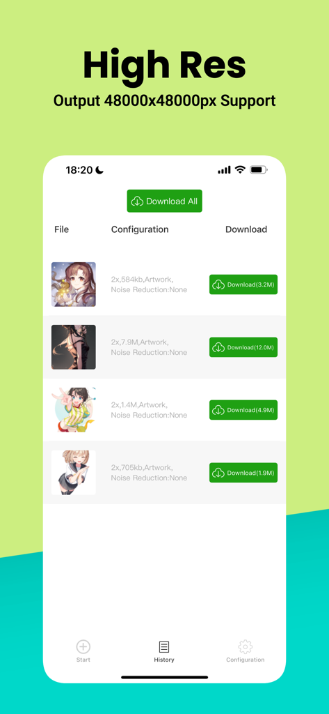 Bigjpg - A screenshot of the Bigjpg app history screen showing a list of processed anime illustrations ready for download in high resolution.