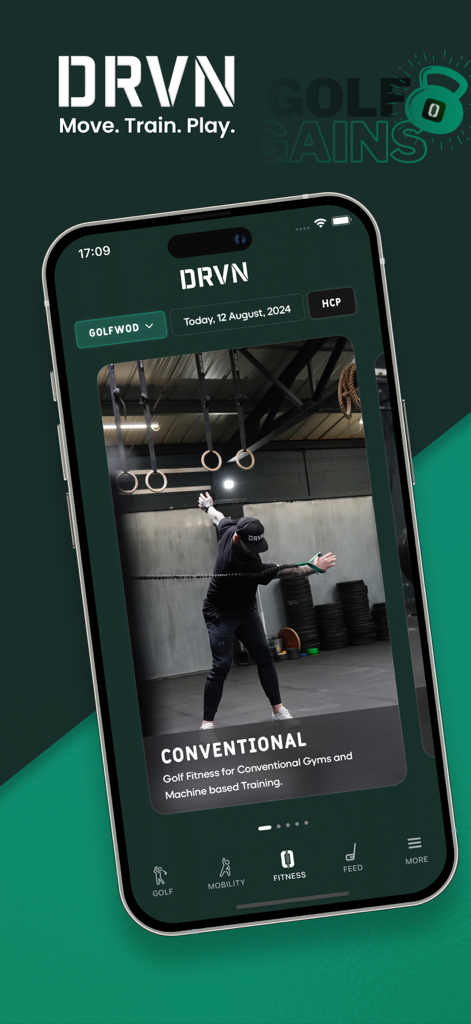 Mobile app interface of DRVN showing a conventional gym training program for golfers