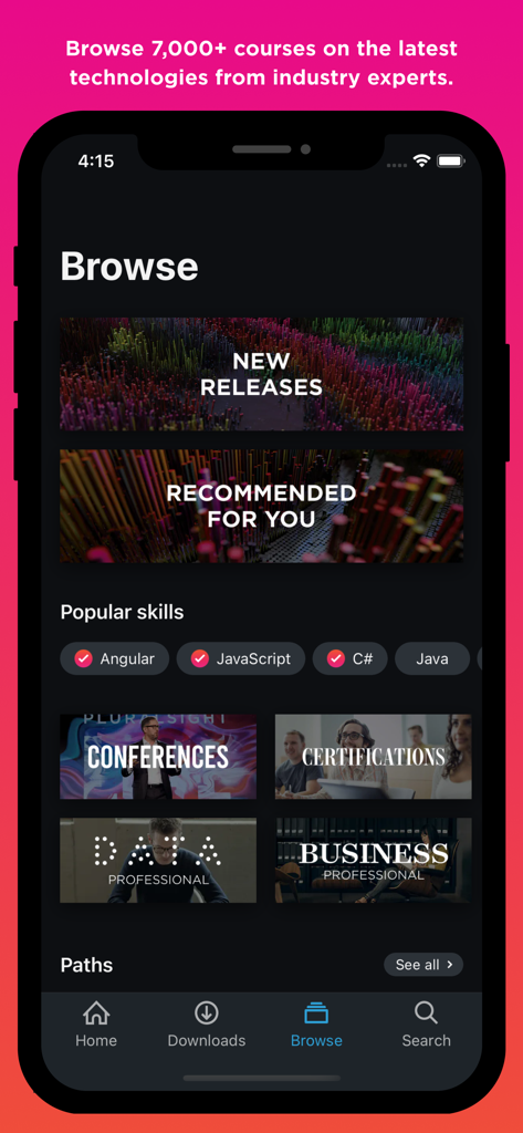 Pluralsight: Learn Tech Skills - Interfaz de navegación de la aplicación Pluralsight mostrando varios cursos de tecnología y categorías de habilidades