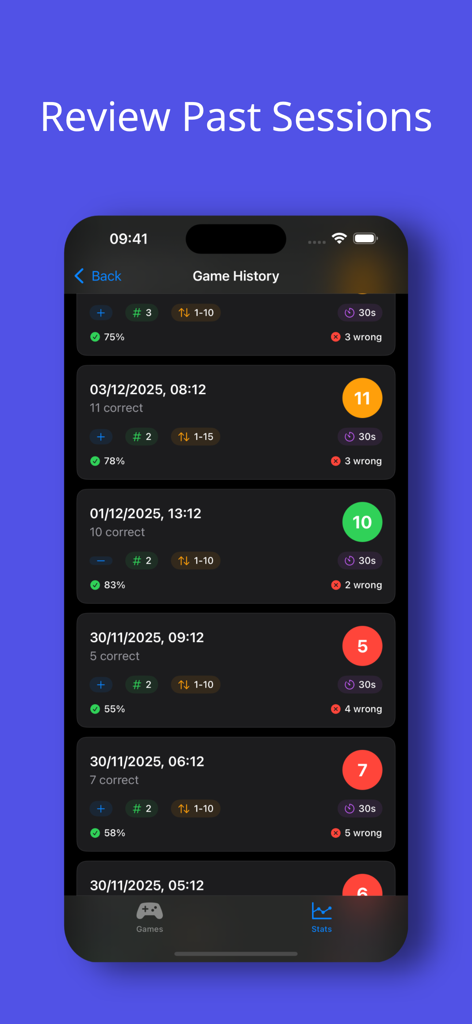 Quick Maths - Mental Mastery - Pantalla de historial de juegos de la aplicación Quick Maths mostrando resultados de sesiones pasadas de cálculo mental y métricas de rendimiento