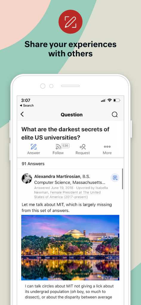 Quora-App-Screenshot, der eine Frage zu Elite-US-Universitäten mit einer detaillierten Antwort einschließlich eines Bildes von MIT anzeigt