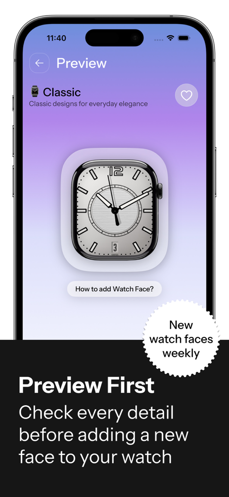 Zonex: Faces Gallery - Vista previa de un diseño de esfera de reloj analógica clásica en la aplicación Zonex en un iPhone