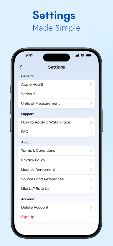 Settings menu of the GluHealth app showing options for Apple Health sync and Apple Watch integration
