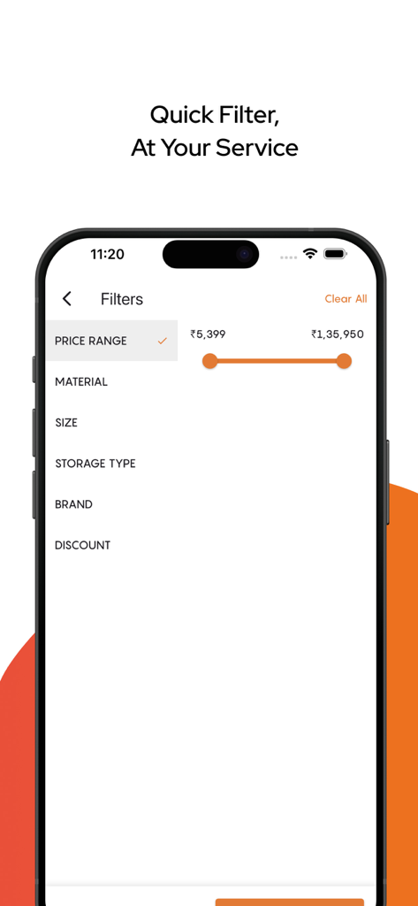 Wooden Street app search filters showing price range slider and material options
