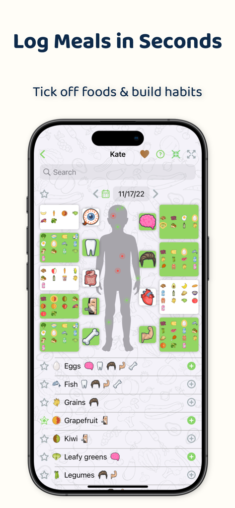 Healthy Food Advisor - Interface do aplicativo Healthy Food Advisor mostrando uma tela de registro de refeições com ícones visuais de partes do corpo para acompanhamento nutricional