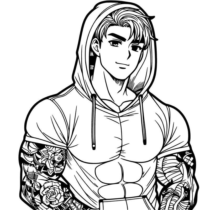 handsome muscular guy with hoodie anime tattoos
