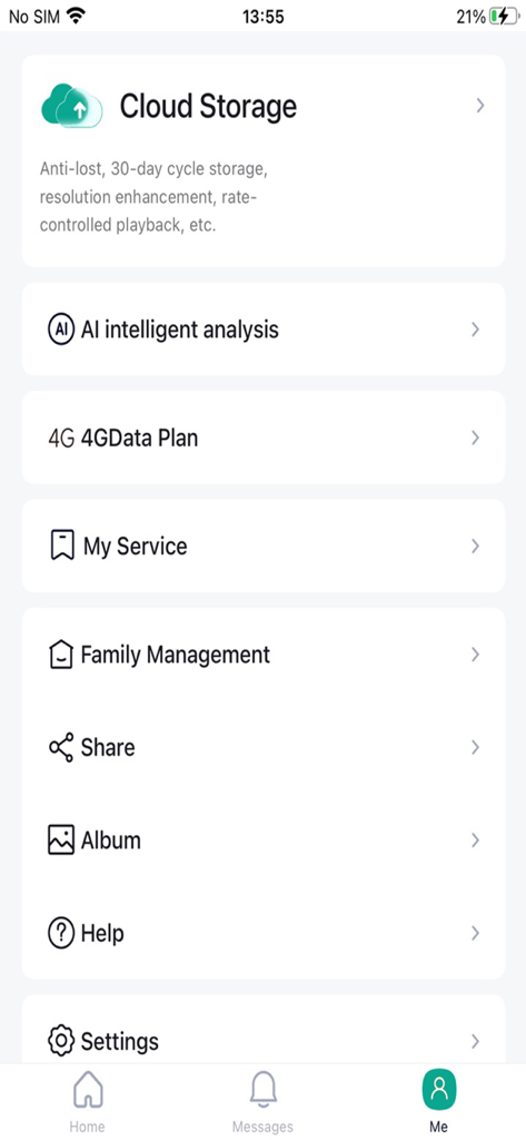 FONDAIL - User profile menu in the FONDAIL app displaying options for cloud storage, AI analysis, and family management.