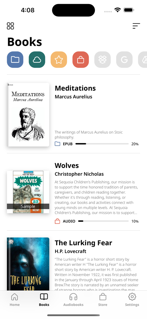 PocketBook Reader - PocketBook Reader app library interface displaying ebook titles, reading progress, and cloud synchronization icons.