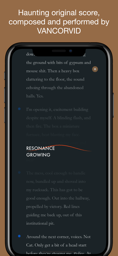 Penrose - Capture d'écran de l'application Penrose présentant la partition originale obsédante de VANCORVID et le gameplay basé sur le texte.