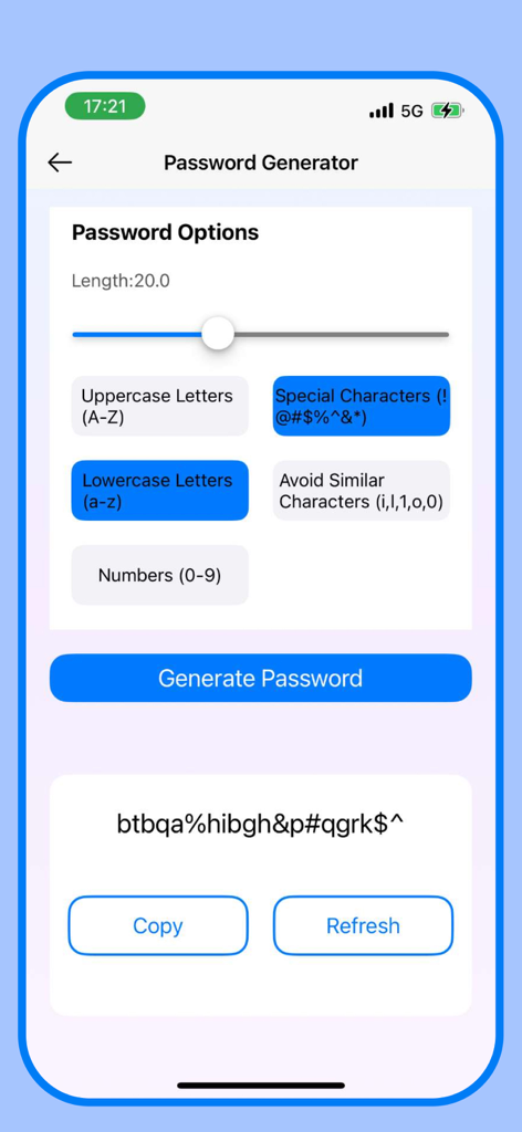 VPN - Super Shield VPN Buck - Interfaz del generador de contraseñas en la aplicación VPN Super Shield con opciones de seguridad personalizables para longitud y tipos de caracteres