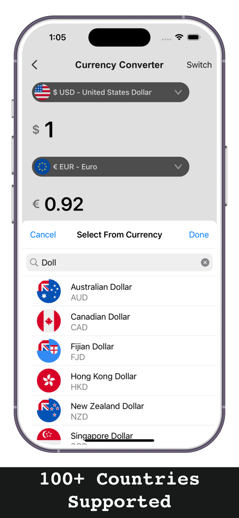 Interfaz del convertidor de divisas que muestra la conversión de dólar estadounidense a euro y una lista de más de 100 divisas globales con opción de búsqueda.