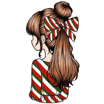 realistic girl  with hip length hair a bun and a big bow on the back of head