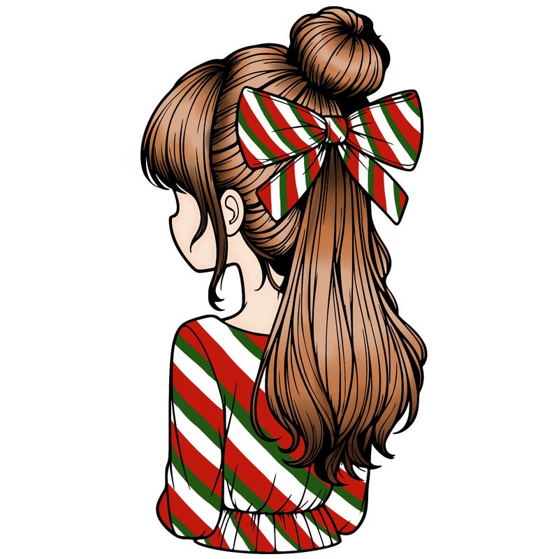 realistic girl  with hip length hair a bun and a big bow on the back of head