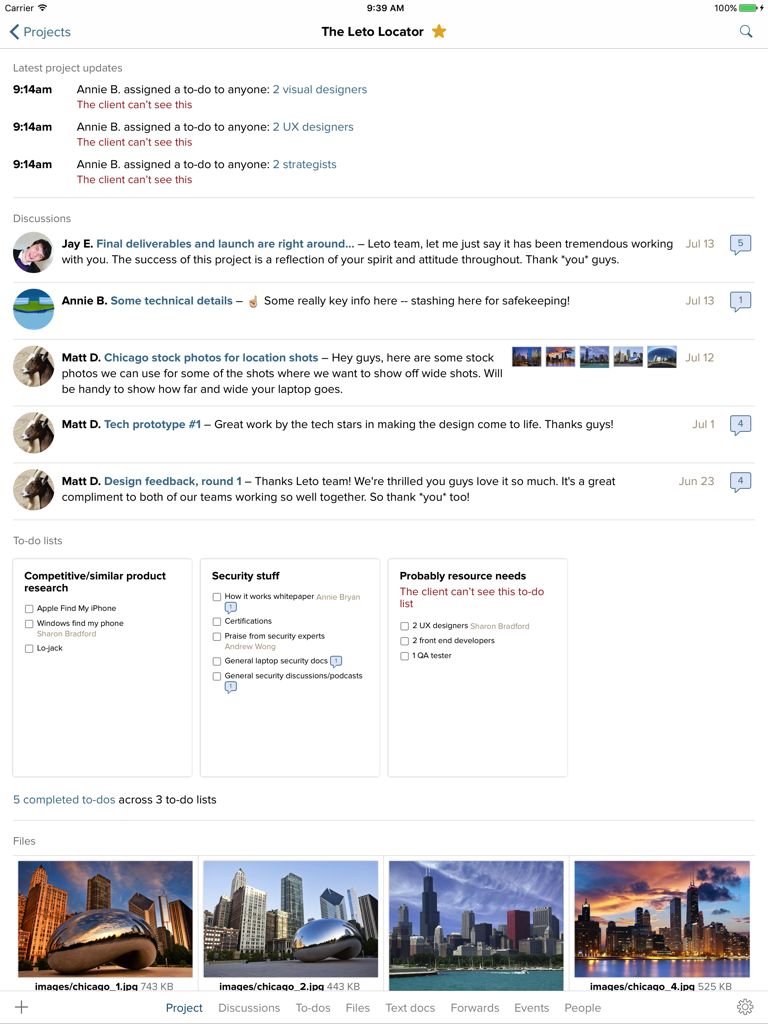 Basecamp 2 for iPad - Screenshot of the Basecamp 2 iPad app project interface showing team updates, discussions, task lists, and file previews.