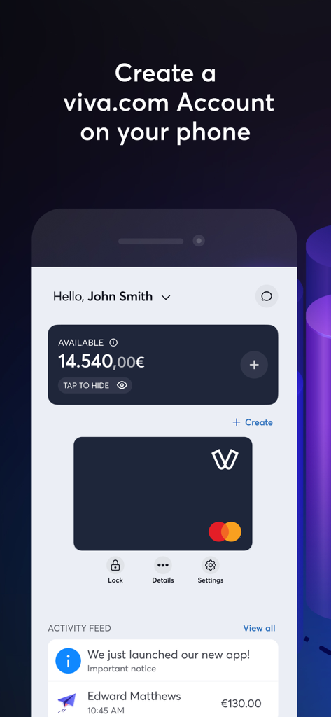 viva.com - Dashboard de la app móvil viva.com mostrando saldo de cuenta y tarjeta empresarial digital