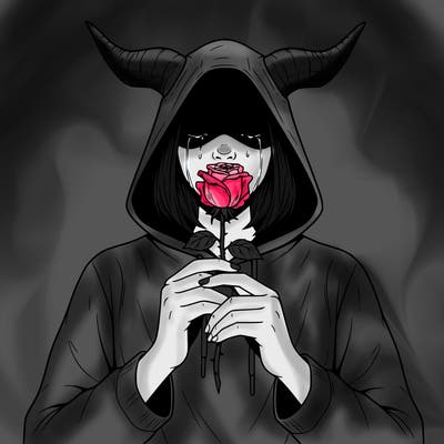 holding wilted rose in both hands no pupil in eyes 
teenage girl hood covering her eyes and crying horns on her head