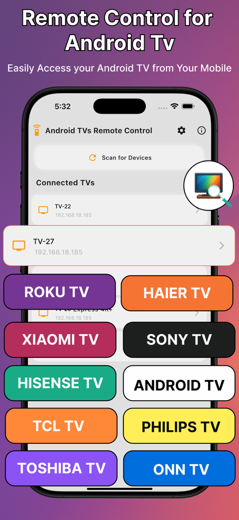 Android TV Remote Control. - Interfaz de la aplicación Control Remoto Android TV mostrando una lista de marcas de TV compatibles, incluyendo Sony, Hisense y ONN
