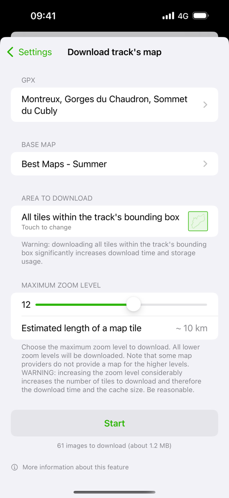 GPX viewer 2 - Interfaz para descargar teselas de mapas sin conexión para un track GPX específico con nivel de zoom y configuraciones de mapa base