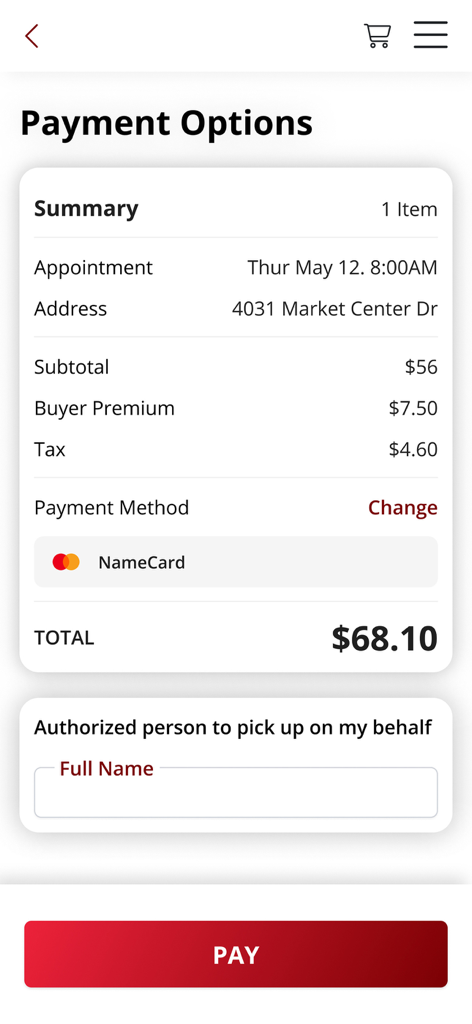 Página de resumen de pago de la aplicación Nellis Auction que muestra el subtotal, la prima del comprador, los impuestos y los detalles de la cita de recogida