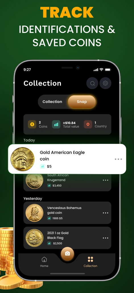 Coin Identifier: Coin ID Scan - Captura de pantalla de la aplicación Identificador de Monedas que muestra un inventario digital de monedas de oro guardadas con sus valores de mercado estimados.