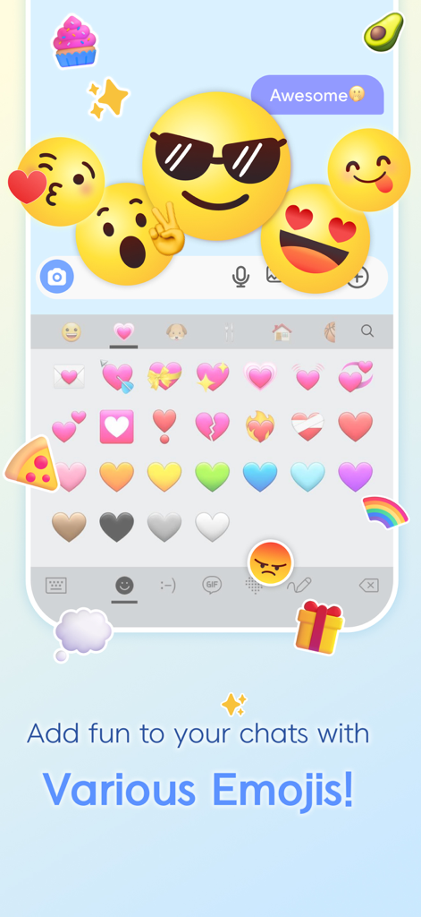 Custom mobile keyboard displaying a variety of colorful heart emojis and large emoticons