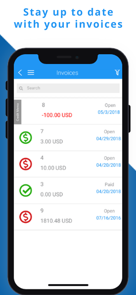 LiveTrack by Magaya - Invoices management screen in the LiveTrack by Magaya app showing paid and open statuses