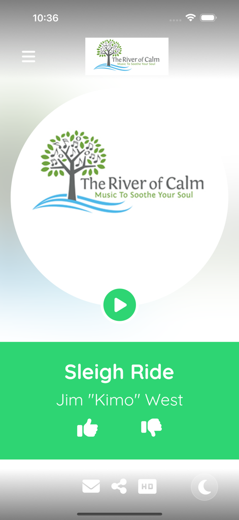 The River of Calm - Music player screen of The River of Calm app featuring instrumental wellness music