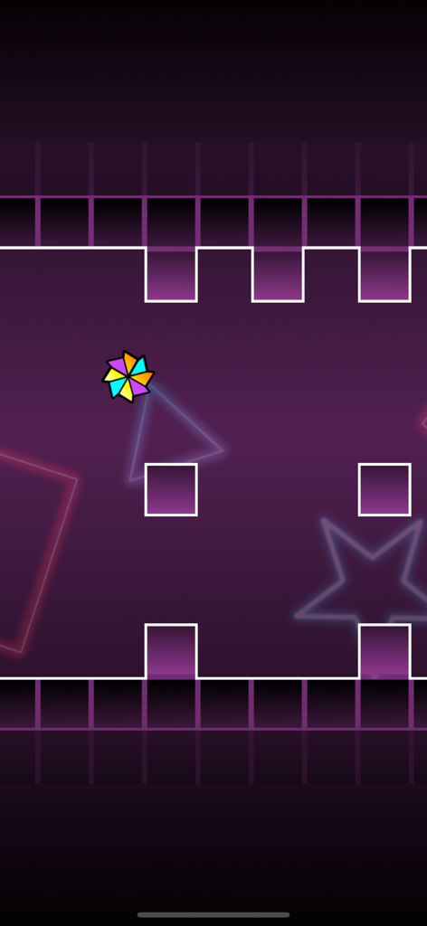 Block Dash Watch - Screenshot del gameplay di Block Dash Watch che mostra un personaggio colorato che naviga tra ostacoli neon su uno sfondo viola.