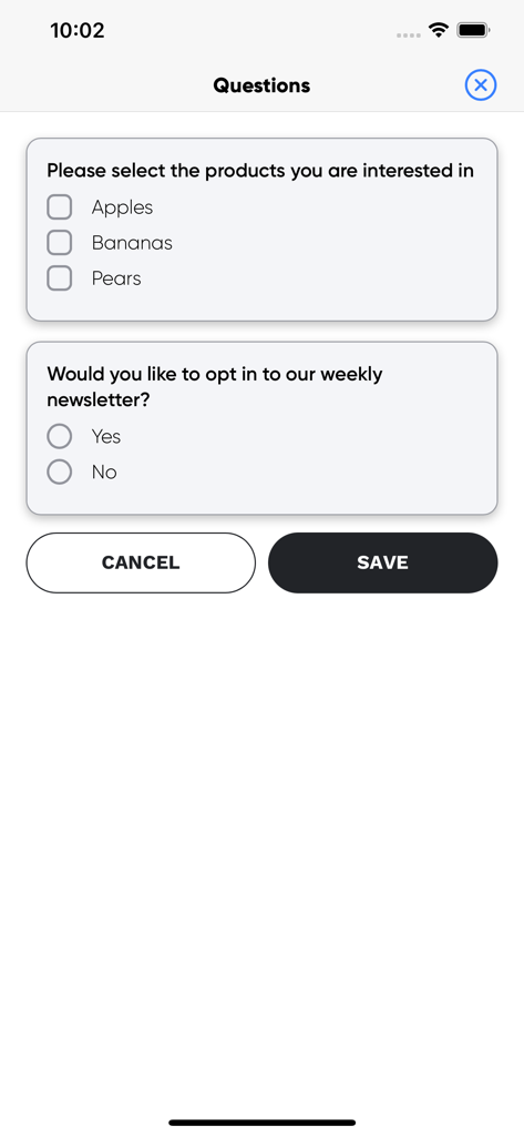SmartScan app interface showing customizable lead qualification questions and newsletter opt-in.