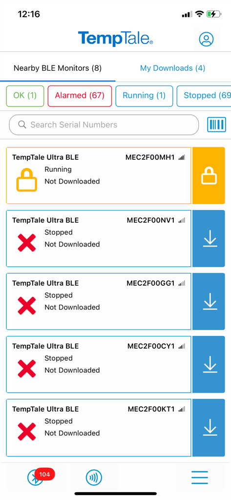 TempTale App - Interface of TempTale app showing a list of nearby BLE temperature monitors with status alerts