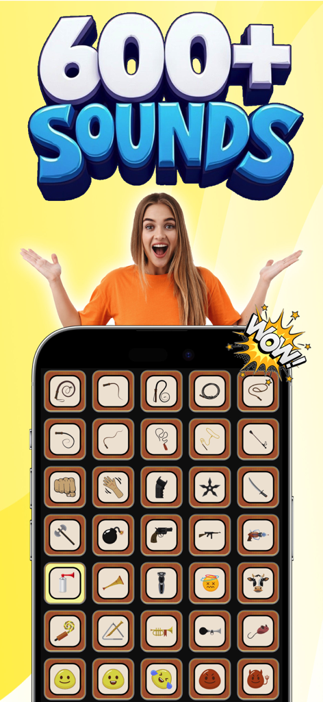 Big Bang Whip: Pocket Whip - A mobile app interface displaying a grid of over 600 sound effect icons including whips and weapons