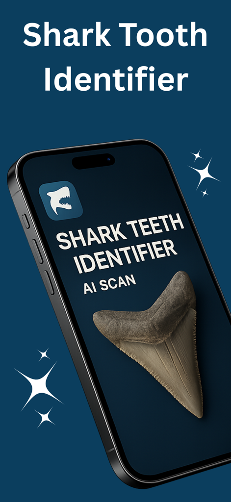 Shark Tooth Identifier: Scan - Smartphone screen for Shark Tooth Identifier app featuring a prehistoric shark tooth