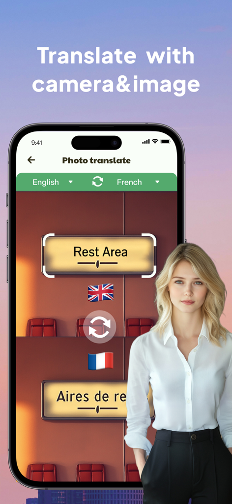 Una schermata di smartphone che dimostra la funzione di traduzione fotografica dell'app Translate Voice AI che traduce un cartello in inglese in francese.